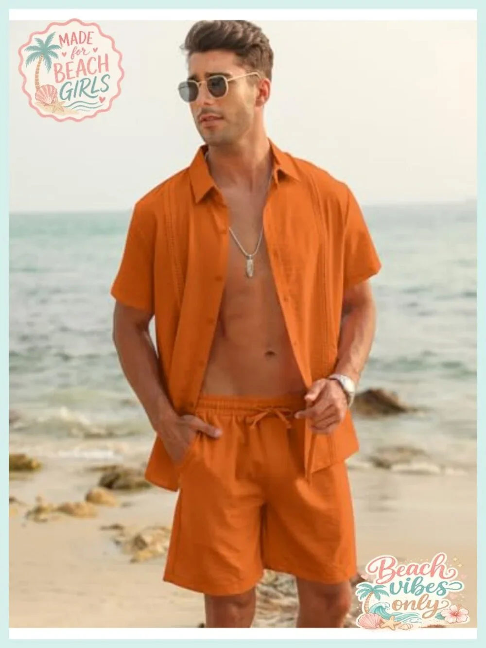 Men's 2 Piece Linen Short Set Button Down Cuban Guayabera Shirt and Shorts